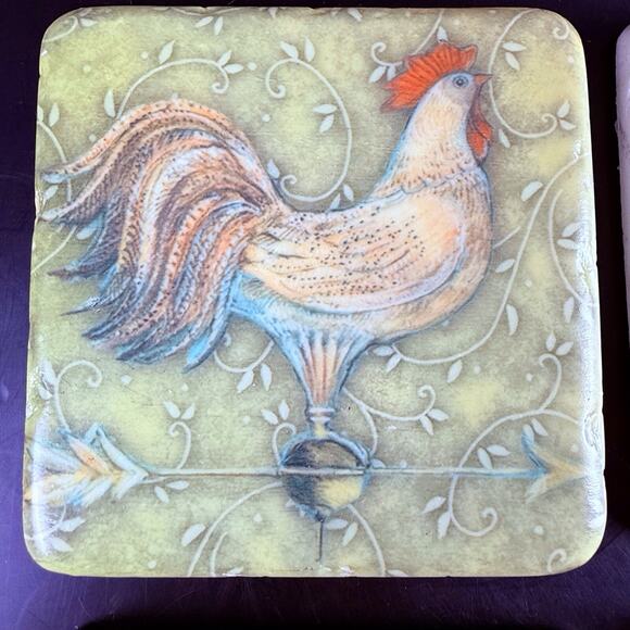 French Country Rooster Coasters Stone Set of 4 Cork Back Farmhouse Kitchen - Picture 4 of 8